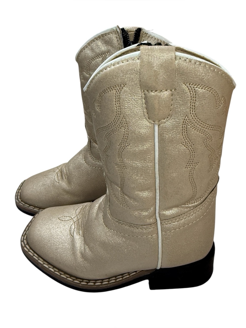 OLD WEST GIRLS' PEARL CREAM FAUX LEATHER WIDE SQUARE COWBOY BOOTS Sz 7